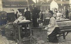 124975 Afbeelding van Vrouw Bos ( de Poelierster ) met haar stalletje met pluimvee op de markt op het Vredenburg te Utrecht.